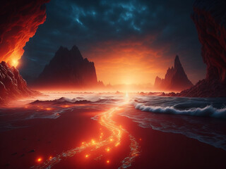 Majestic Scene - Red Sea Parting with Brilliant Light Illuminating the Path