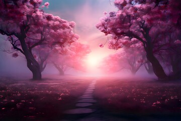 Beautiful foggy blossom park with a trail landscape painting. Pink Surreal forest illustration 