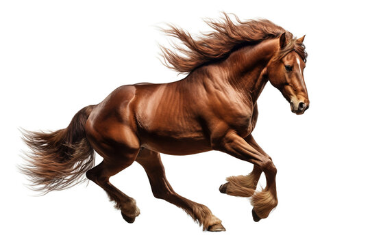 Beautiful brown horses running at high speed over isolated transparent background