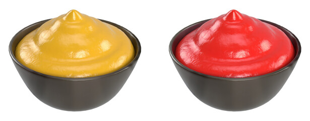 ketchup and mustard in black bowl transparent background - 3D