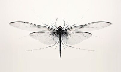  a black and white photo of a dragonfly on a white background.  generative ai