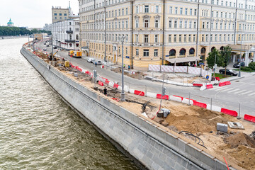 Embankment repairs started in Moscow, Russia. Raushskaya emb