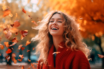 Casual joyful woman having fun throwing leaves in autumn at city park