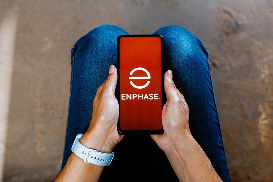 July 2, 2023, Brazil. In this photo illustration, the Enphase Energy logo is displayed on a smartphone screen.