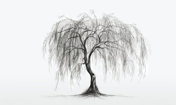  a drawing of a willow tree with a white sky in the background.  generative ai