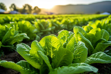Rows of vigorous leaf lettuce plants in the field before harvest in the morning sunshine.