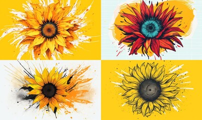  four sunflowers with different colors and designs on them.  generative ai