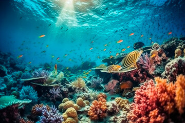 Fototapeta na wymiar Ocean floor with corals and fish. Generative AI