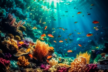 Fototapeta na wymiar Ocean floor with corals and fish. Generative AI