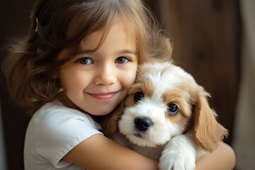 Smiling little girl posing hugging a jack Russel Terrier breed  puppy