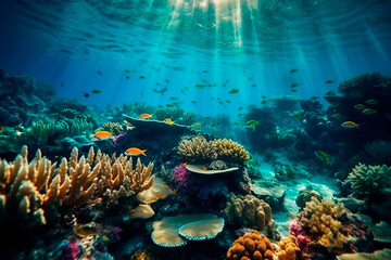 Naklejka na ściany i meble Ocean floor with corals and fish. Generative AI