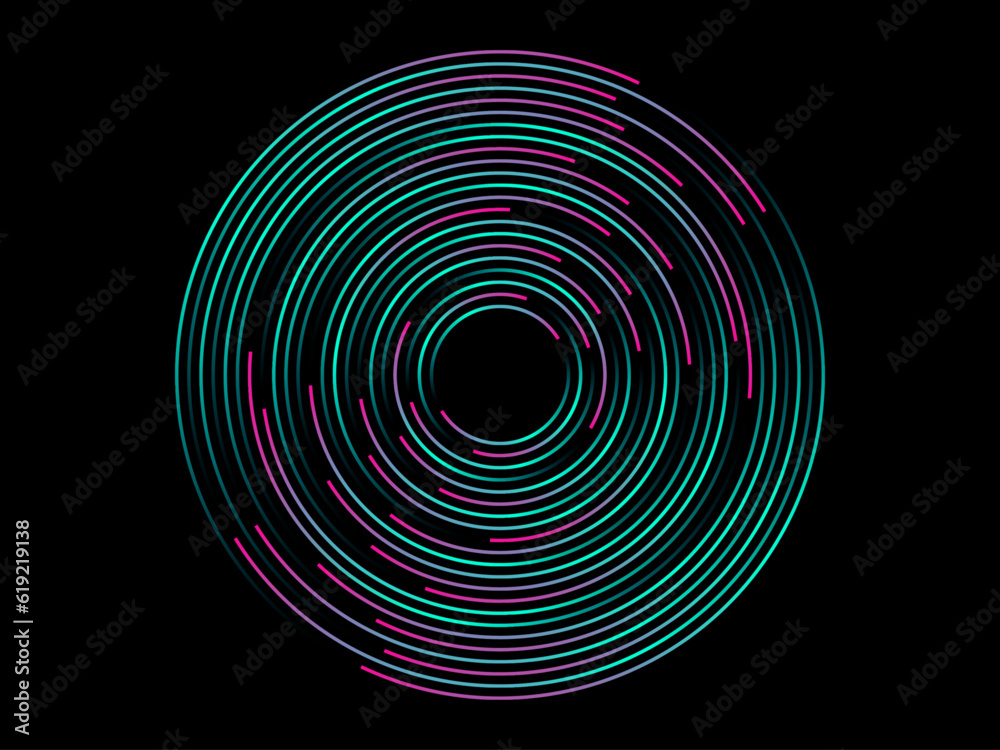 Poster abstract circle line pattern spin glitchy green light isolated on black background in the concept of