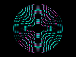Abstract circle line pattern spin glitchy green light isolated on black background in the concept of music, technology, digital