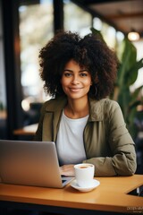 Smart young minority woman, digital nomad working remotely from a cafe, drinking coffee and using laptop, smiling
