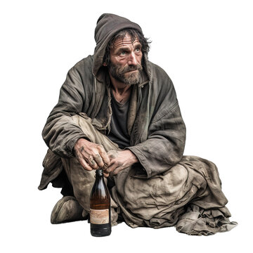Homeless alcoholic senior man sitting on the floor. Transparent background