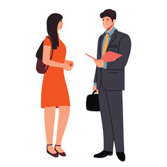 Young man and woman are standing and talking to each other.Students with backpack and laptop bag.Guy in suit and girl in dress.Communication between office workers.Vector flat illustration on white.
