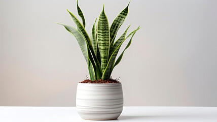 Sansevieria plant housed in a pot, set on a white table.