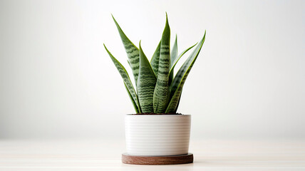 Sansevieria plant housed in a pot, set on a white table.