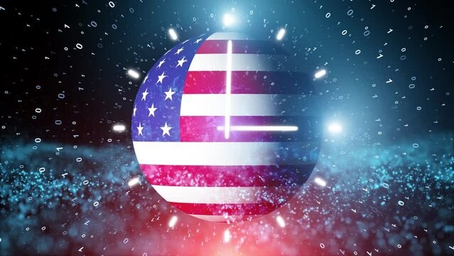 Usa sphere flag on computer binary data background with analog time clock animation.