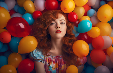 Fototapeta na wymiar ai generated girl with colorful balloons background ai generated