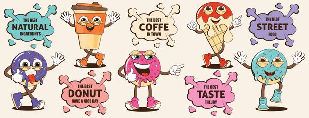 Trendy set of stickers with street food characters. Mascot branding for cafes, restaurants, bars. Stickers with abstract funny cute comic characters. Donut, coffee, ice cream, retro cloud with letteri