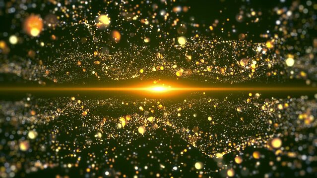 Flowing gold particle background with golden shine light and gold particle glittering flowing looped