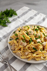 Homemade One-Pot Chicken Alfredo Pasta with Parsley on a Plate, side view.