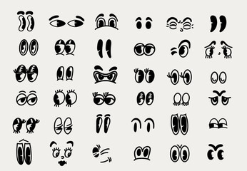Big set retro cartoon characters funny faces. Vintage 30s, 50s, 60s old animation, comic eyes elements. Smiley vector faces, different eyes with funny emotions. Faces logo happy and sad emotions.