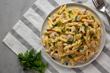 Homemade One-Pot Chicken Alfredo Pasta with Parsley on a Plate, top view. Flat lay, overhead, from above.
