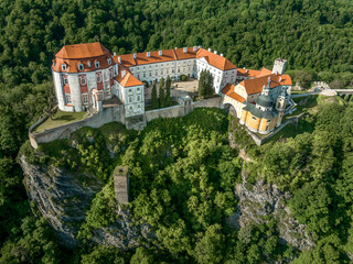 Aerial panorama view of the Thaya river curving at Vranov nad Dyji with old Gothic castle structure...