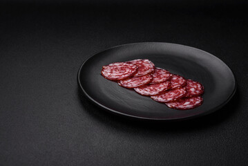 Delicious smoked sausage with bacon, salt, spices and herbs