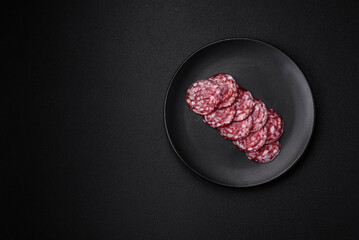 Delicious smoked sausage with bacon, salt, spices and herbs