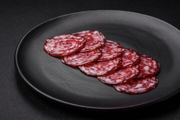 Delicious smoked sausage with bacon, salt, spices and herbs