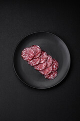 Delicious smoked sausage with bacon, salt, spices and herbs