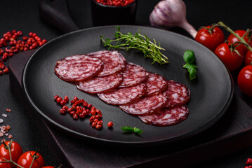 Delicious smoked sausage with bacon, salt, spices and herbs