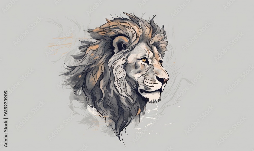 Poster  a drawing of a lion's head on a gray background.  generative ai