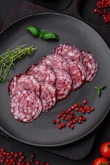 Delicious smoked sausage with bacon, salt, spices and herbs