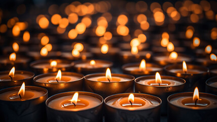Group of lit candles, Memory of deceased persons, wallpaper background.