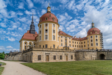 View of Moritzburg Baroque palace with 4 towers on an artificial island in Saxony