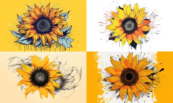  four sunflowers with different colors and designs on them.  generative ai