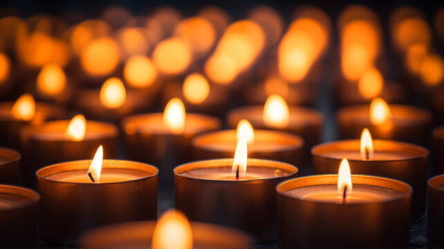 Group of lit candles, Memory of deceased persons, wallpaper background.
