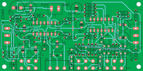 Vector printed circuit board of an electronic 
device with components of radio elements, 
conductors and contact pads placed on it. 
Engineering drawing - obrazy, fototapety, plakaty