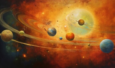  a painting of a solar system with eight planets in it.  generative ai