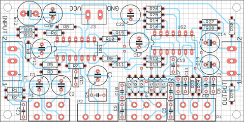 Vector printed circuit board of an electronic 
device with components of radio elements, 
conductors and contact pads placed on it. 
Engineering drawing with grid.
