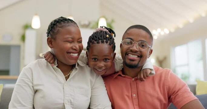 Black family, face and happy with parents and kid at home, love and bonding with hug and spending time together. Man, woman and girl child, happiness and portrait and people smile in living room