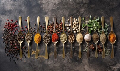  a collection of spoons filled with different types of spices.  generative ai