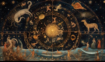  a painting of a zodiac sign surrounded by other zodiac symbols.  generative ai