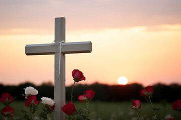 Small white wooden Christian cross decorated with red roses, at sunrise.