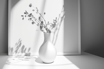 white vase with colorful flowers arranged inside it on a wooden table. Generative AI