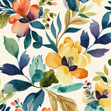 Watercolor yellow blue green bloom floral pattern background. Blossom garden flowers and greenery. Generative AI © Ann_ka